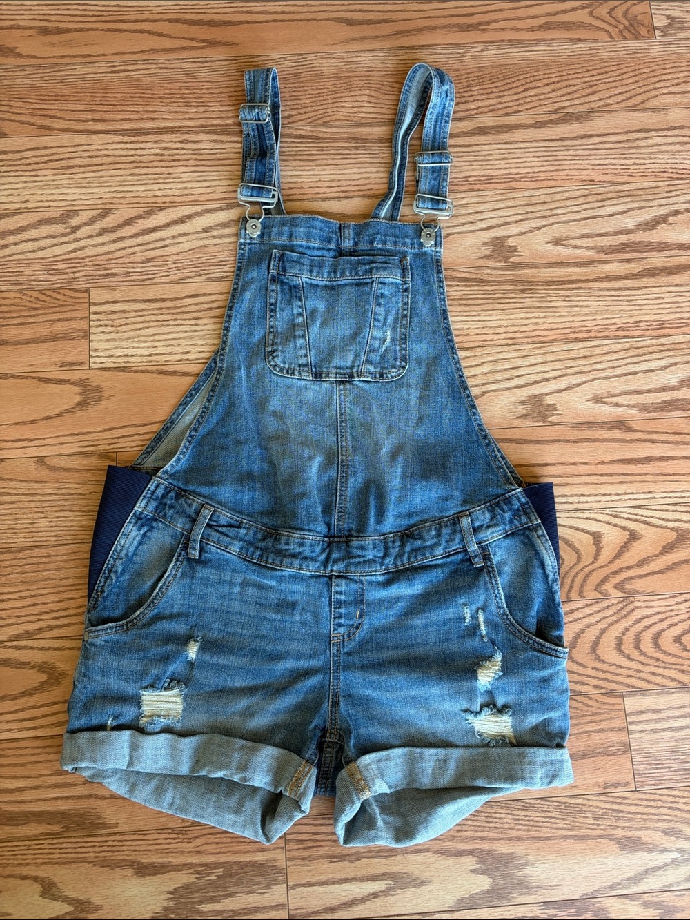 Indigo Blue Distressed Denim Maternity Short Overalls